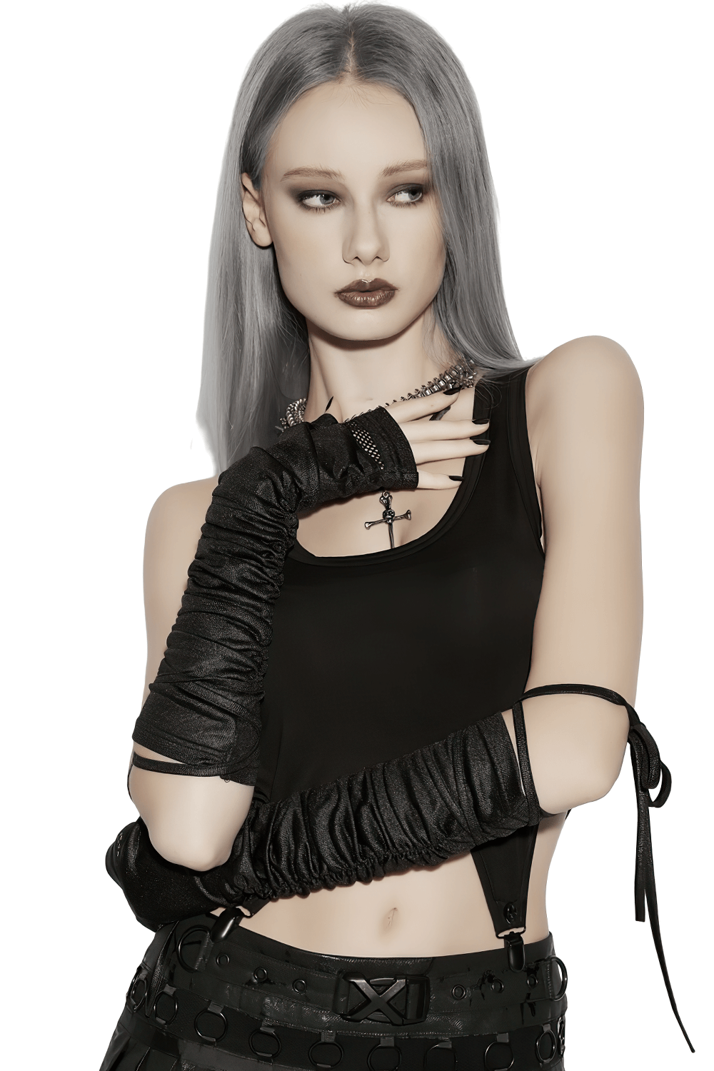 Alt Tag: Cyberpunk Ruched Arm Gloves with Rivet Strap Detail on model, black ruched glossy knit and mesh armwear with straps for goth clubwear