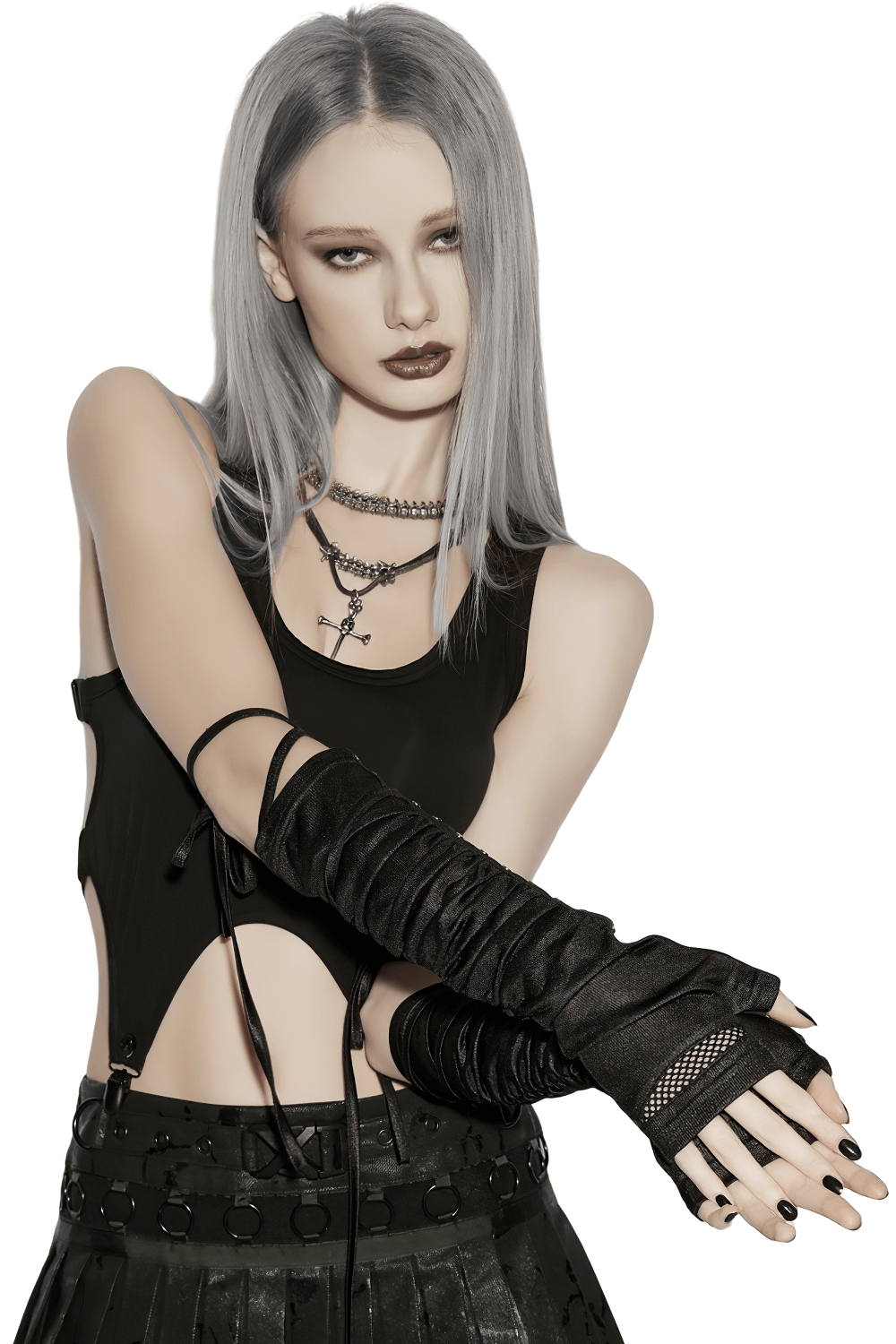 Alt Tag: Cyberpunk Ruched Arm Gloves with Rivet Strap Detail on model, glossy ruched goth armwear with mesh and straps for punk clubwear