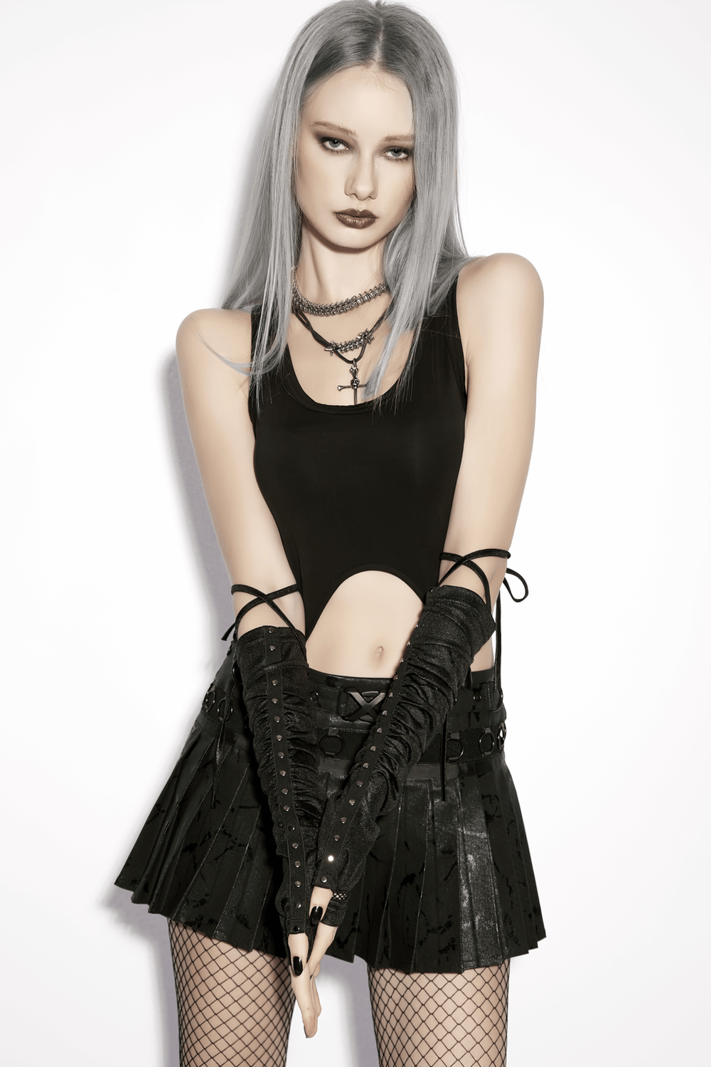 Alt Tag: Cyberpunk Ruched Arm Gloves with Rivet Strap Detail on goth model, ruched mesh armwear with rivets and straps for clubwear