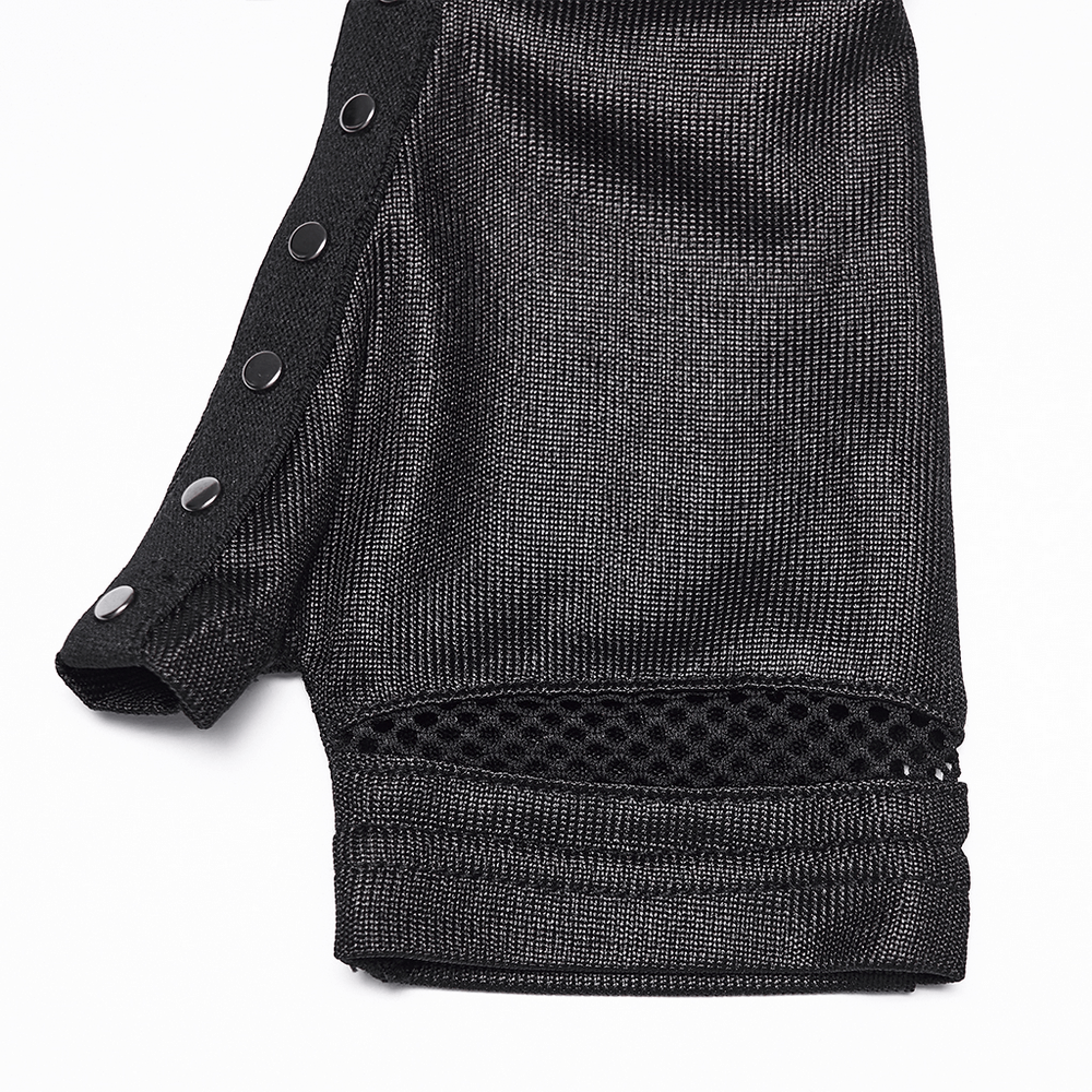Alt Tag: Cyberpunk Ruched Arm Gloves with Rivet Strap Detail black ruched arm glove with rivet strap, mesh panel, glossy knit fabric