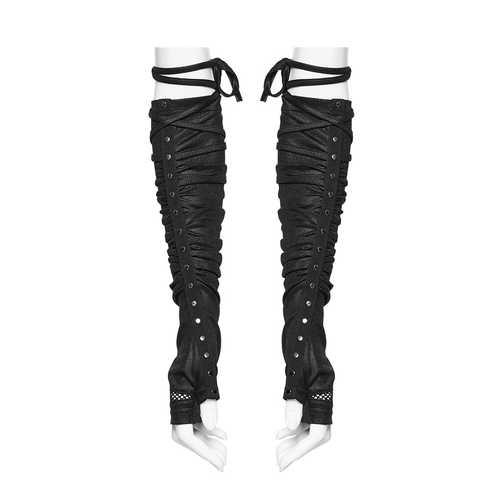 Alt Tag: Cyberpunk Ruched Arm Gloves with Rivet Strap Detail – black ruched long arm gloves with rivets, pleated straps, mesh & tie bands