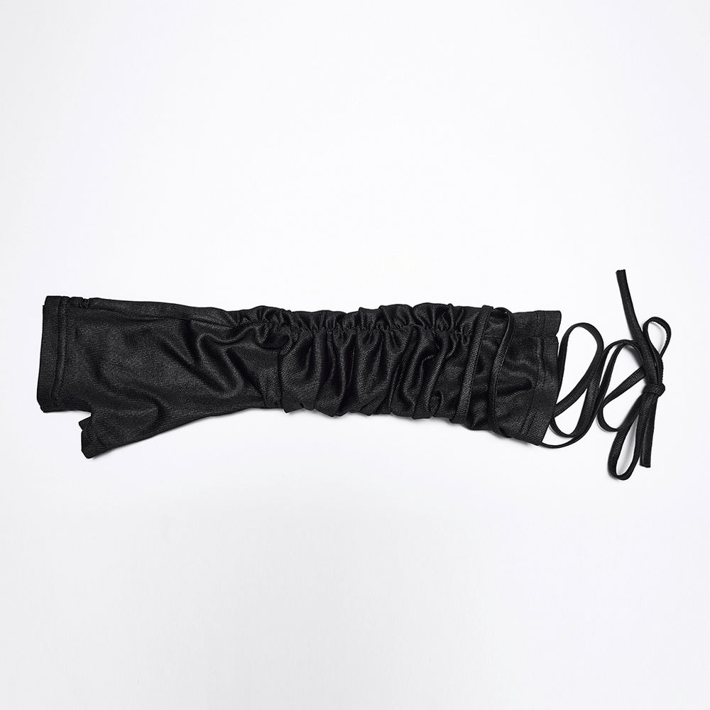 Alt Tag: Cyberpunk Ruched Arm Gloves with Rivet Strap Detail – black ruched goth arm glove with strap ties, glossy knit + mesh, industrial clubwear