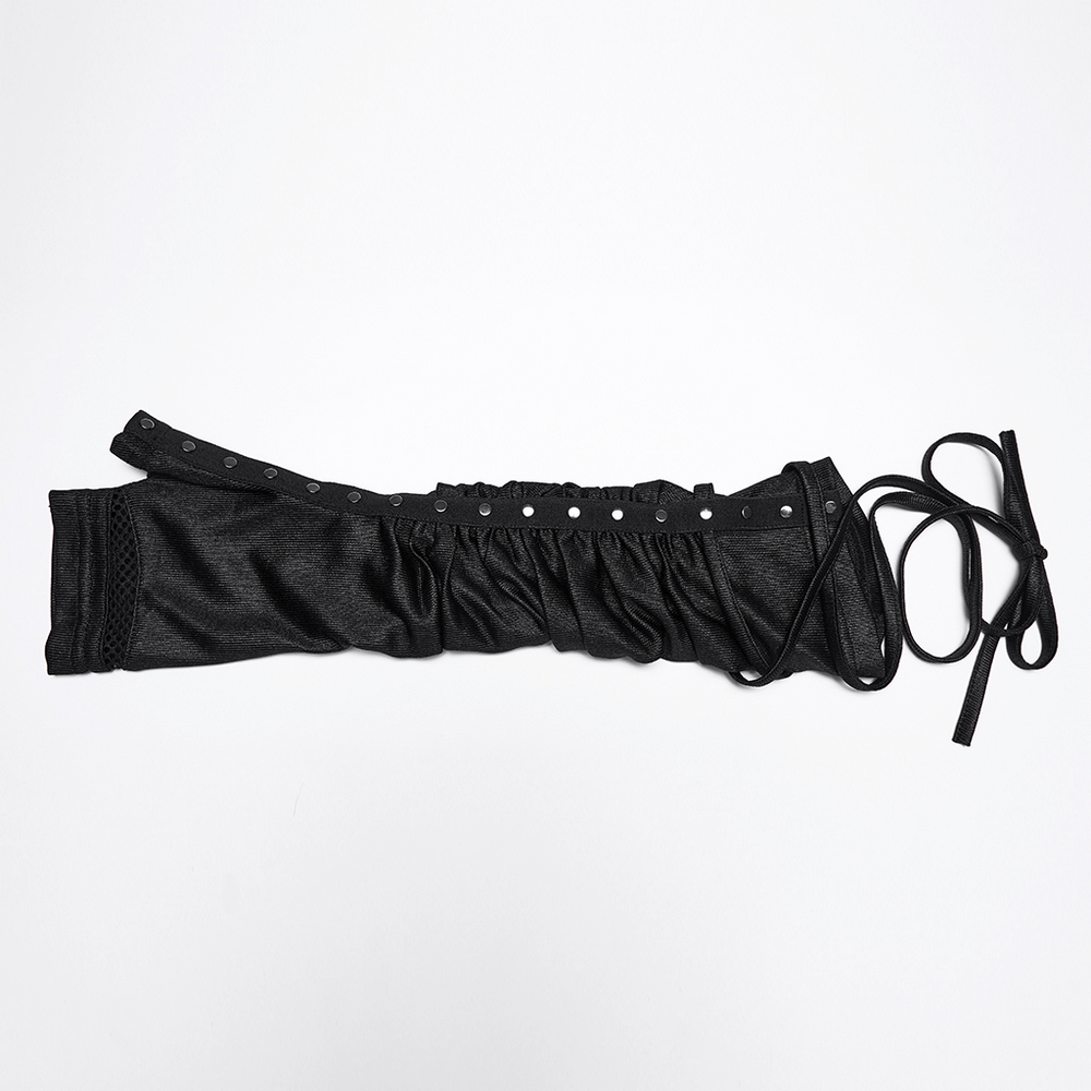Alt Tag: Cyberpunk Ruched Arm Gloves with Rivet Strap Detail black ruched arm glove with rivets, pleated straps, lace-up ties