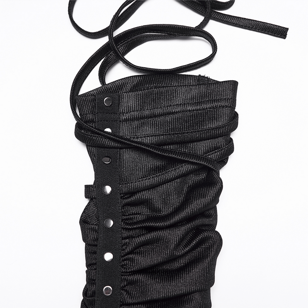 Alt Tag: Cyberpunk Ruched Arm Gloves with Rivet Strap Detail – black ruched mesh glove with rivet strap and wrap ties, goth punk clubwear