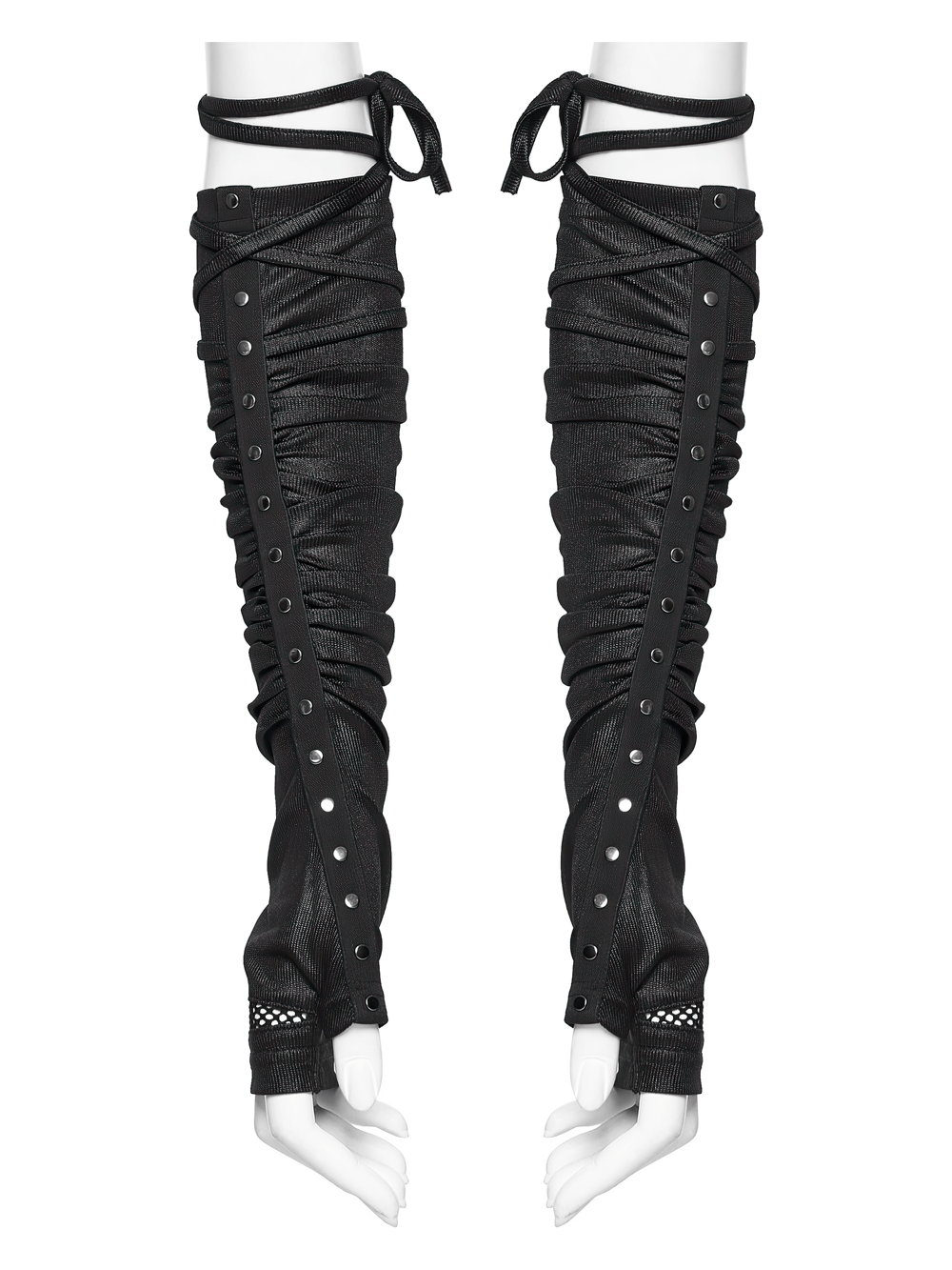 Alt Tag: Cyberpunk Ruched Arm Gloves with Rivet Strap Detail - black ruched arm gloves with rivet straps, mesh accents, adjustable ties