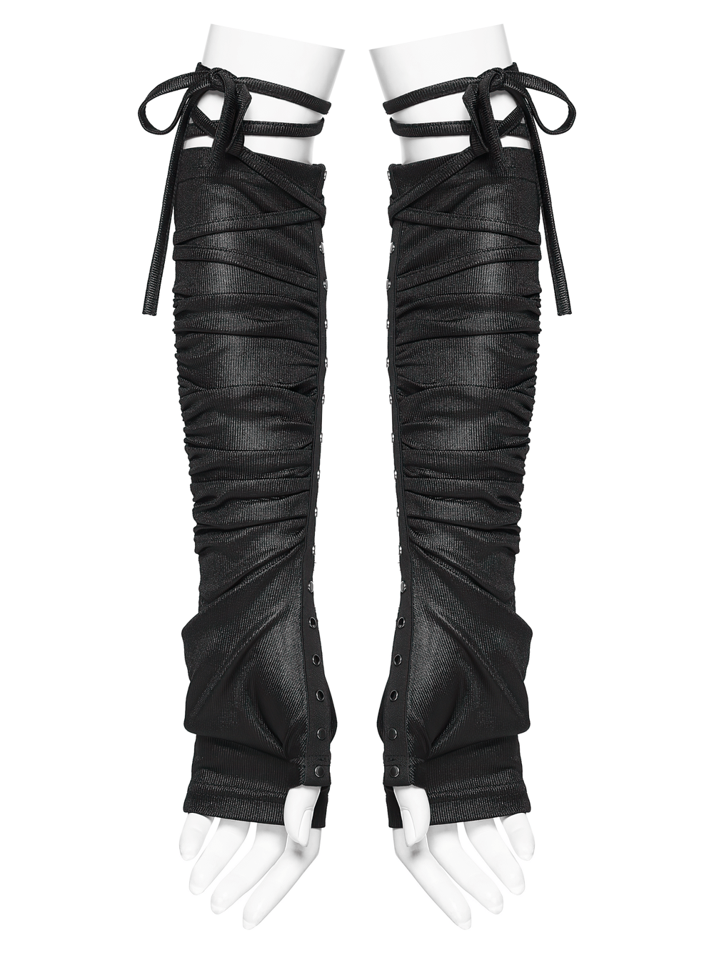 Alt Tag: Cyberpunk Ruched Arm Gloves with Rivet Strap Detail black ruched arm warmers with tie straps and rivets for goth cyberpunk looks