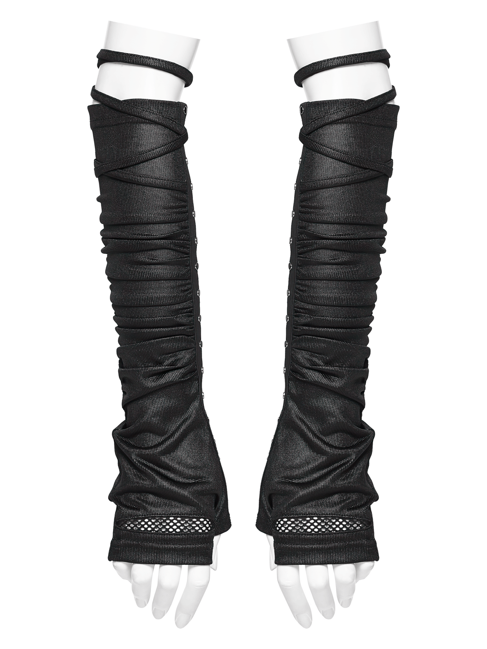 Alt Tag: Cyberpunk Ruched Arm Gloves with Rivet Strap Detail black glossy mesh ruched arm warmers with straps, goth punk clubwear