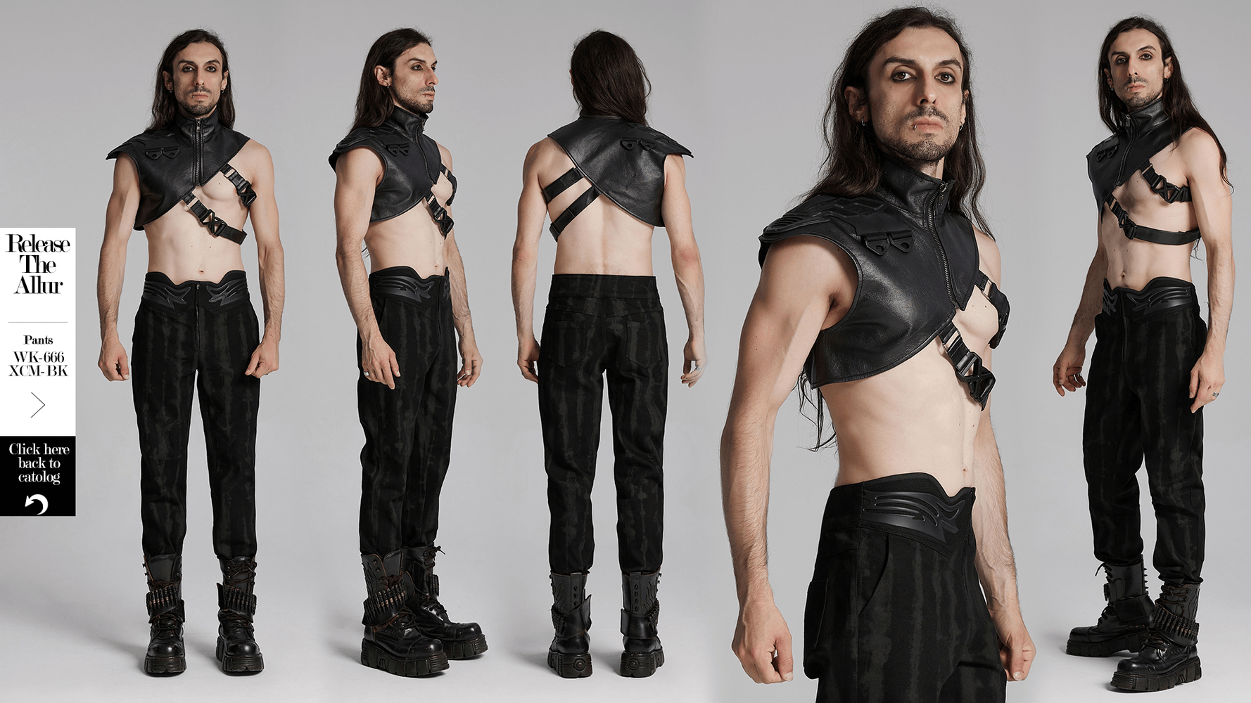 Cyberpunk shoulder armor with adjustable buckles, featuring a stand-up collar and textured fabric, showcased by a model.