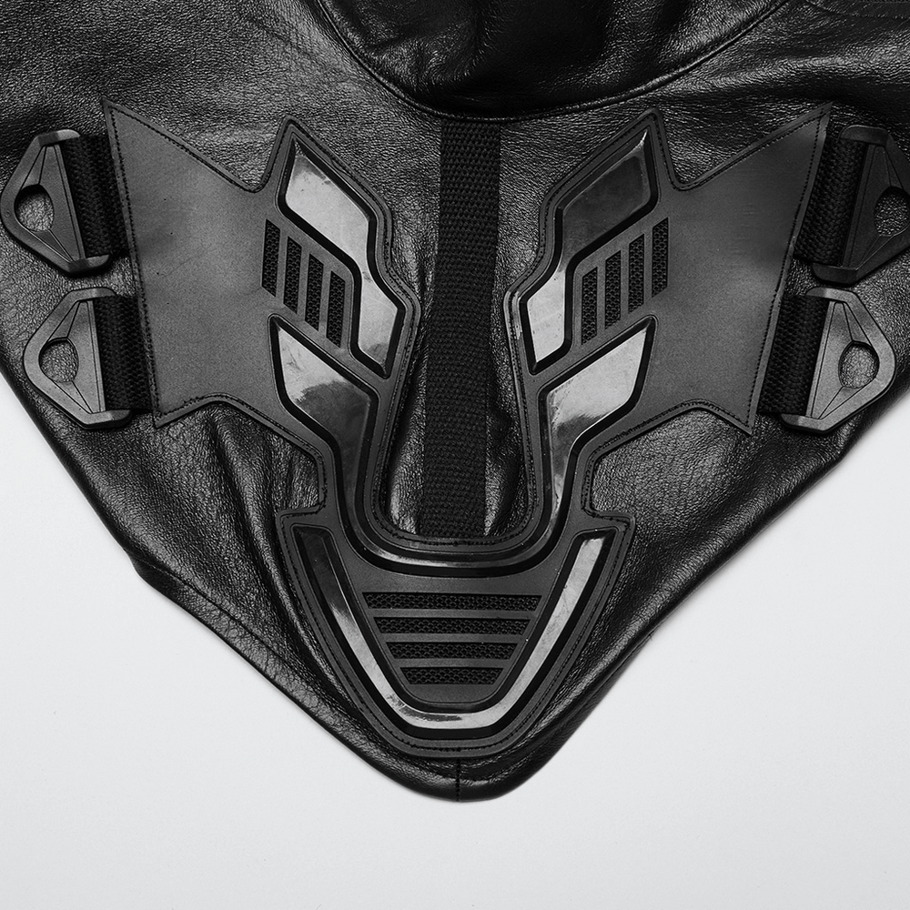 Cyberpunk shoulder armor close-up showcasing sleek design and adjustable buckles on textured fabric.