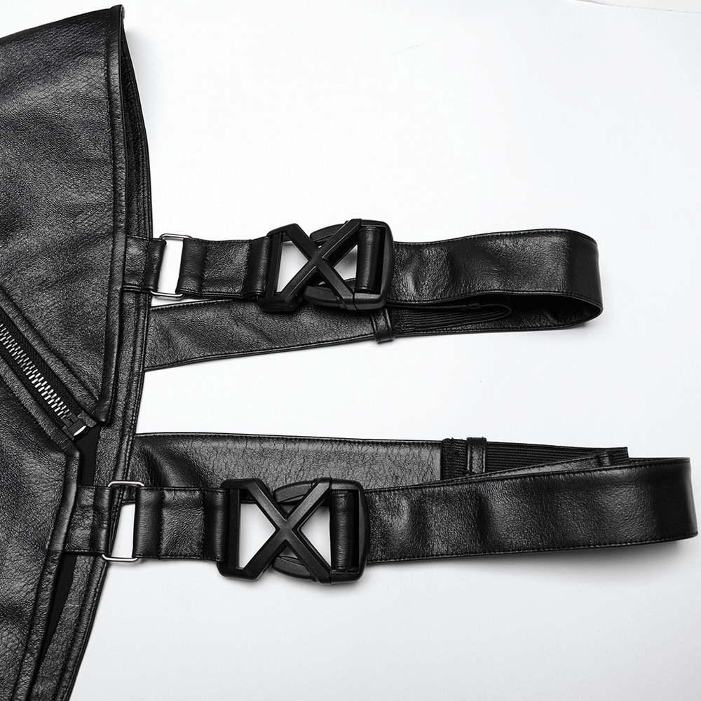 Close-up of adjustable buckles on cyberpunk shoulder armor showcasing sleek black design and textured fabric.