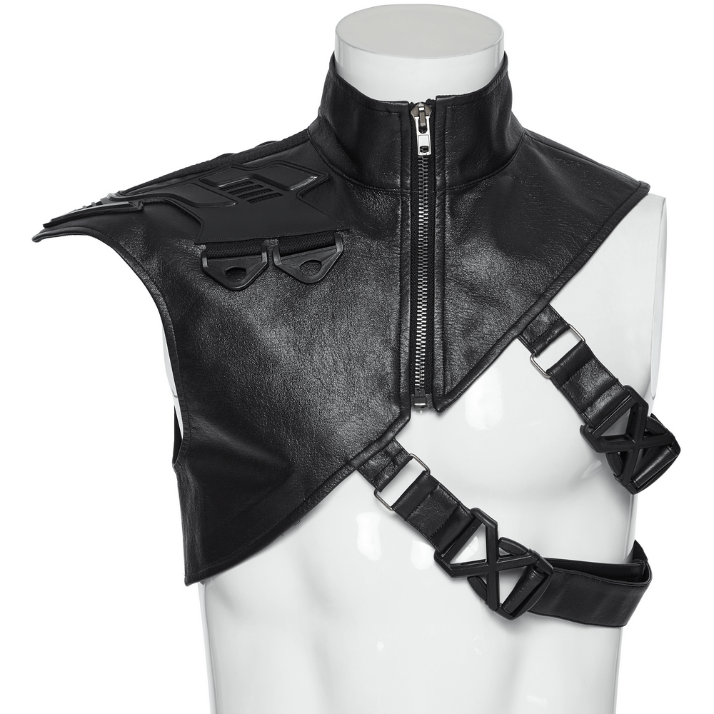 Cyberpunk shoulder armor with adjustable buckles and stand-up collar in sleek black design. Perfect for standout style.