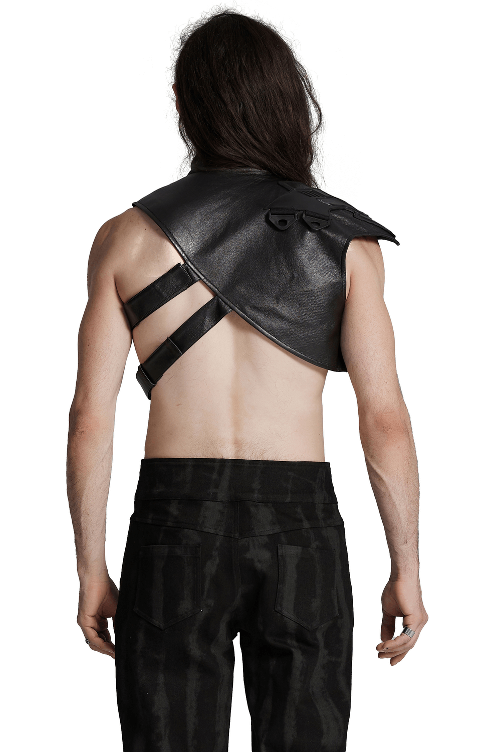 Cyberpunk shoulder armor showcasing adjustable buckles and a stylish stand-up collar on a model from the back.