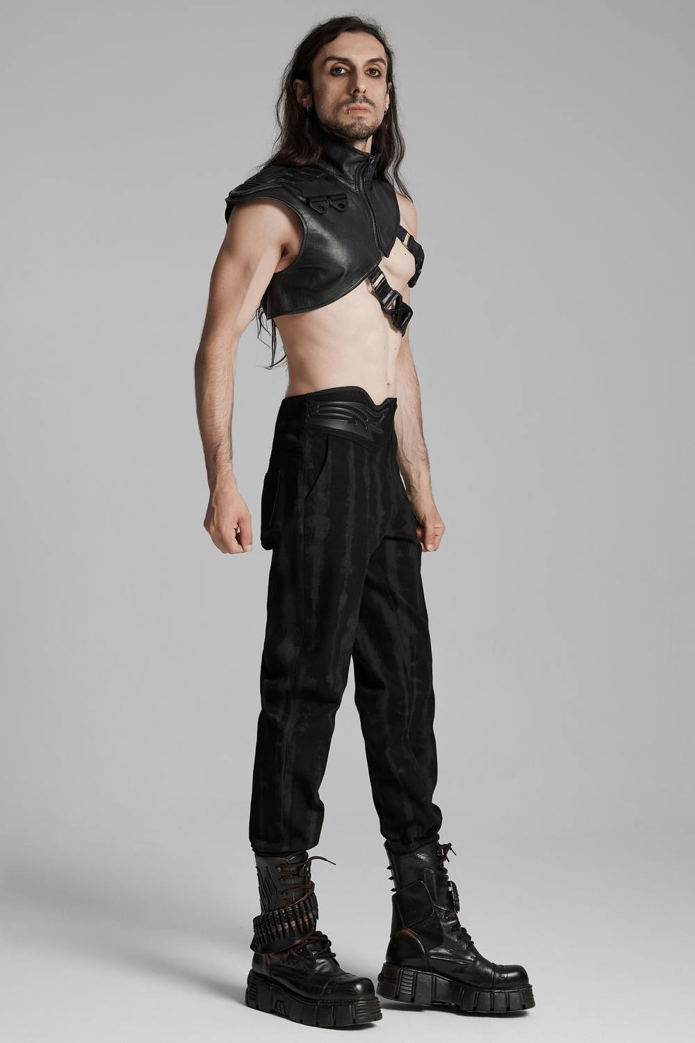 Cyberpunk shoulder armor with adjustable buckles worn by a model, showcasing a bold and edgy style.