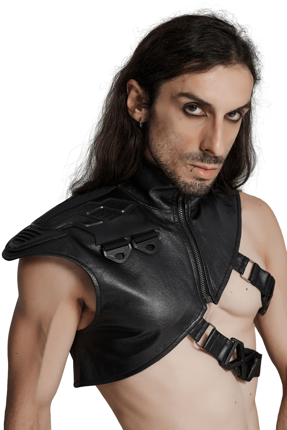 Cyberpunk shoulder armor with adjustable buckles and stand-up collar, made from textured rubberized fabric.