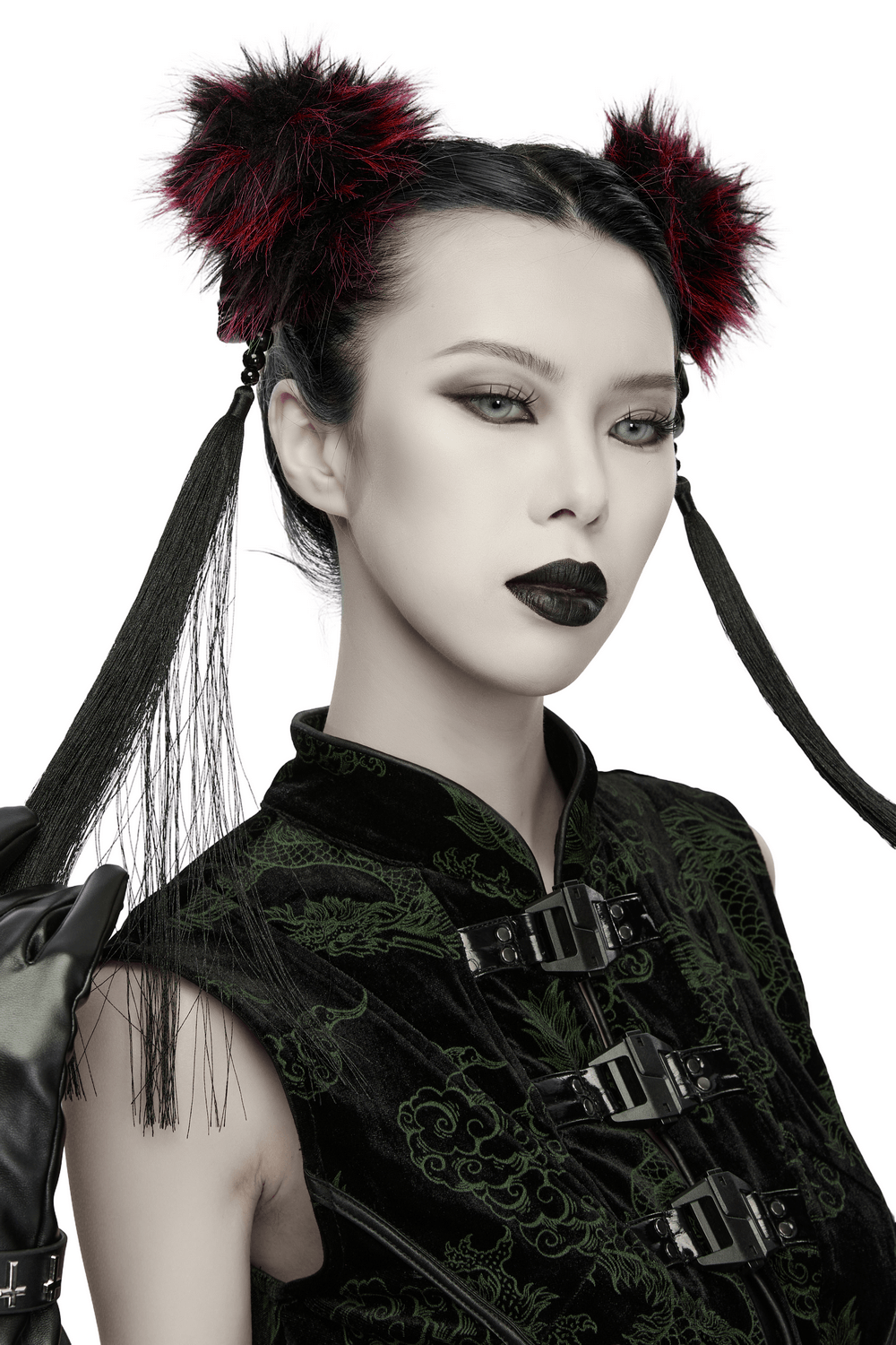Model showcasing Cyberpunk Skull Faux Fur Pom Pom Hair Accessories with gothic styling and edgy look.