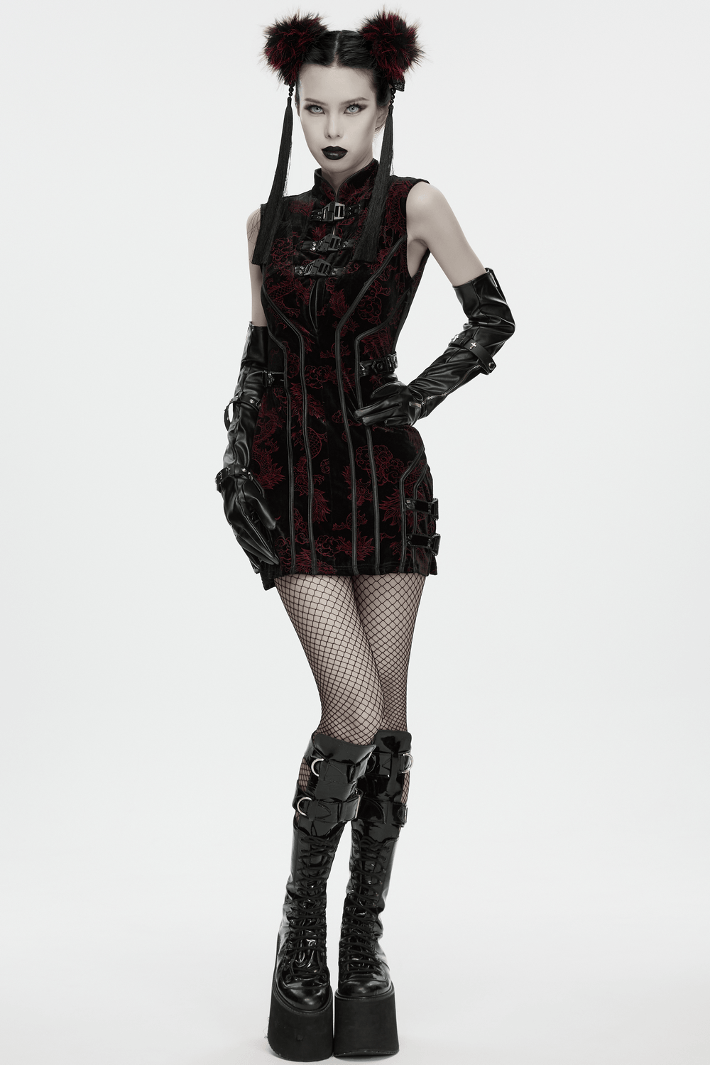 Cyberpunk Skull Faux Fur Pom Pom Hair Accessories styled with gothic fashion, featuring edgy outfits and bold accessories.