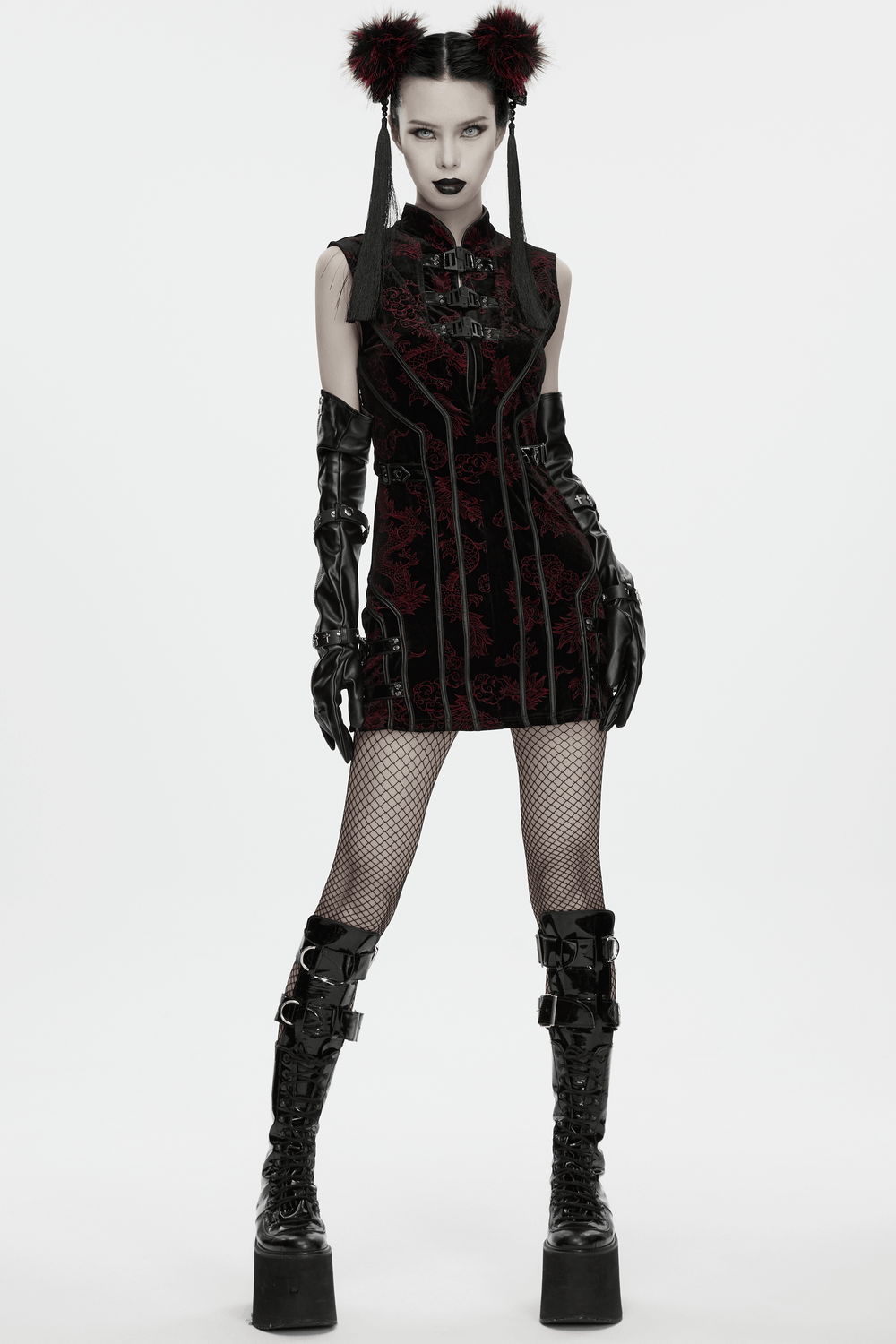 Edgy model showcasing Cyberpunk Skull Faux Fur Pom Pom Hair Accessories with gothic style outfits.