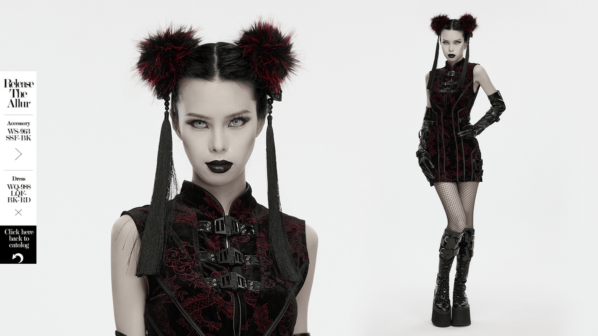 Cyberpunk Skull Faux Fur Pom Pom Hair Accessories worn with gothic outfit, showcasing edgy style and bold aesthetics.