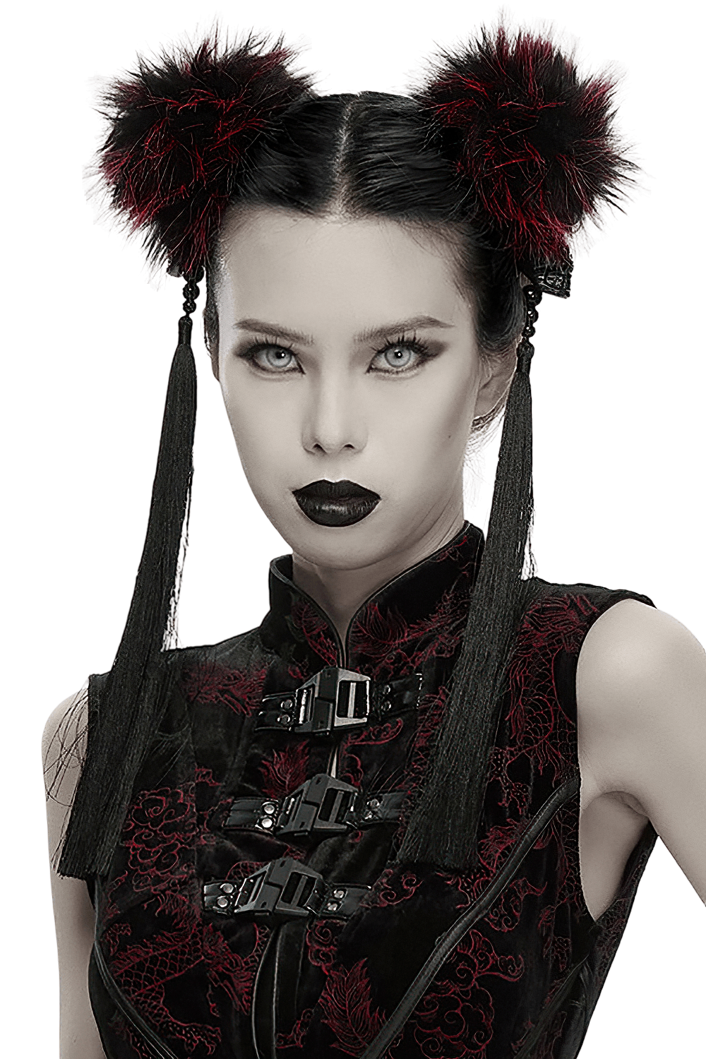 Cyberpunk Skull Faux Fur Pom Pom Hair Accessories worn with stylish gothic outfit and striking makeup.