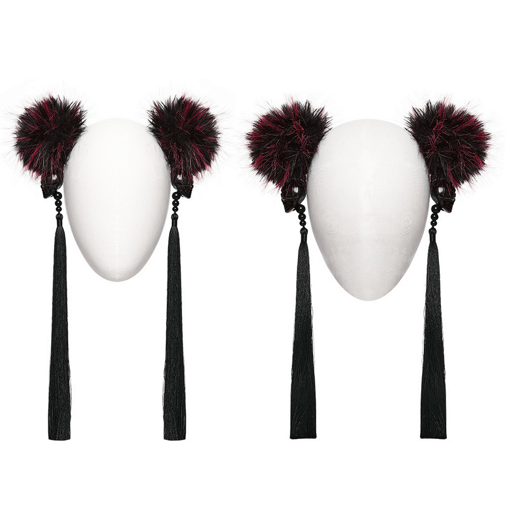 Cyberpunk Skull Faux Fur Pom Pom Hair Accessories in burgundy with tassels and pom poms for a gothic look.