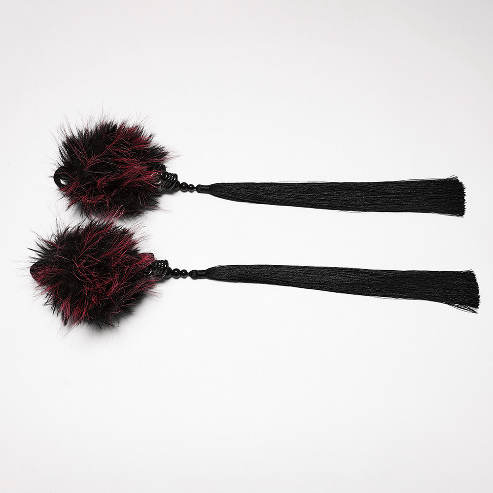 Cyberpunk Skull Faux Fur Pom Pom Hair Accessories with red and black pom poms and tassels for edgy hair styling.