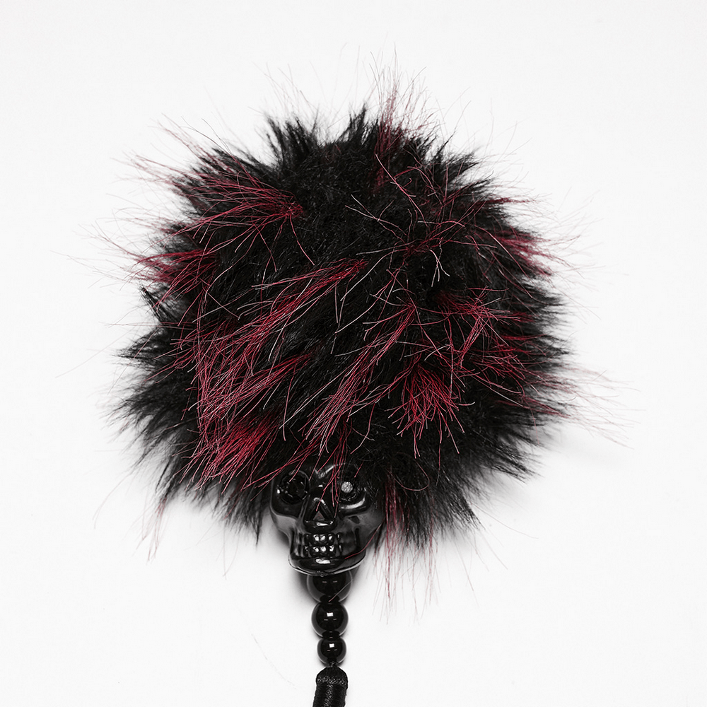 Cyberpunk Skull Faux Fur Pom Pom Hair Accessories featuring a black and red pom pom and skull pendant.