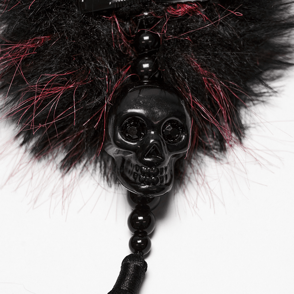 Cyberpunk Skull Faux Fur Pom Pom Hair Accessories featuring a black skull pendant and plush pom-pom.