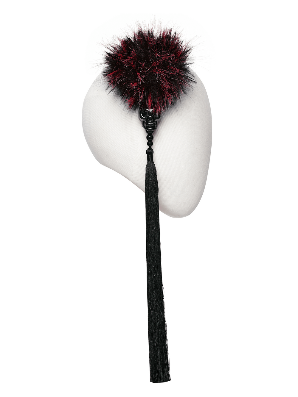 Cyberpunk Skull Faux Fur Pom Pom Hair Accessories with black and red pom pom and skull pendant.