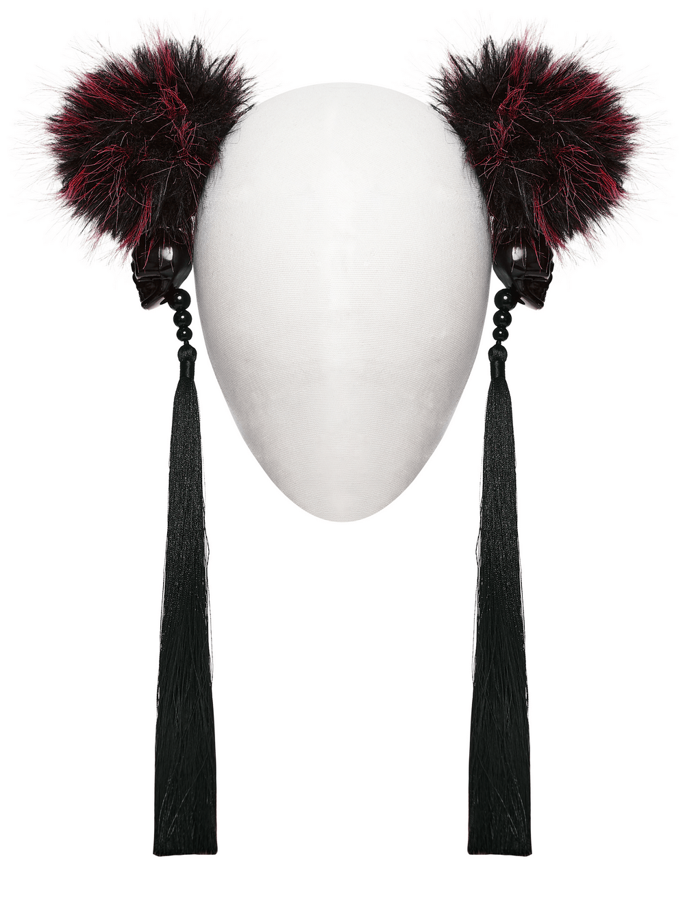 Cyberpunk Skull Faux Fur Pom Pom Hair Accessories with gothic pom poms and tassels.