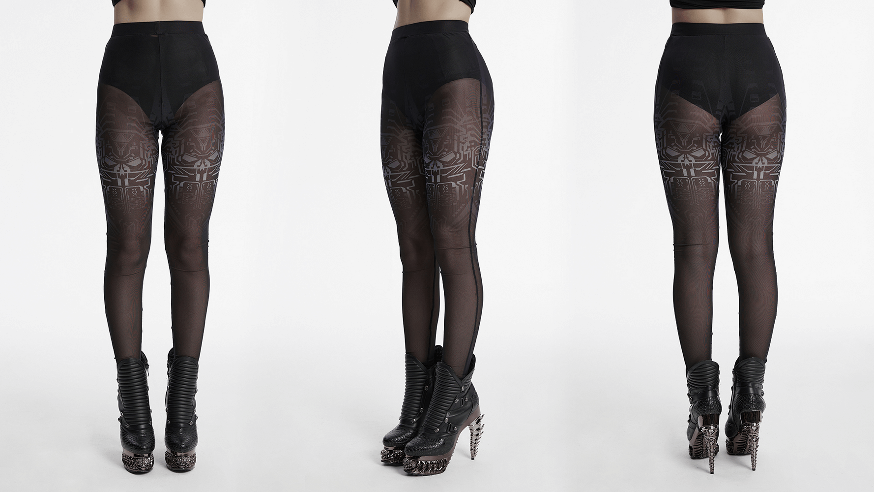 Cyberpunk skull mesh leggings with gradient print, showcasing a sleek fit and edgy style, perfect for bold fashion enthusiasts.