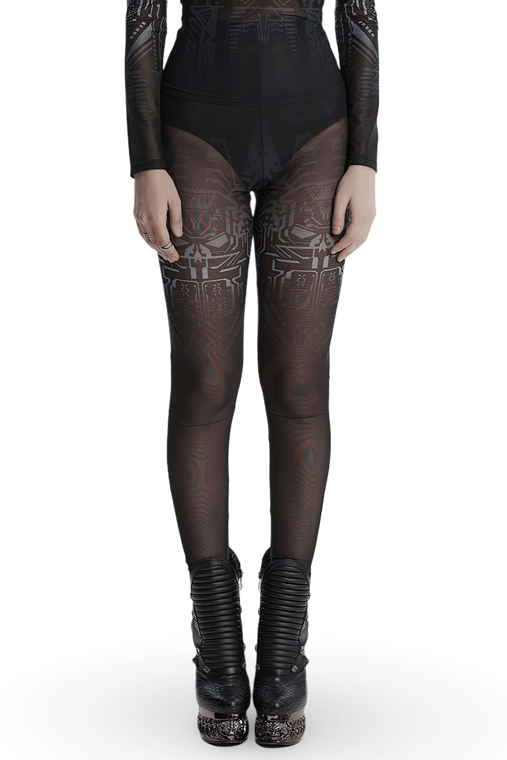 Edgy Cyberpunk Skull Mesh Leggings with gradient design, perfect for a bold fashion statement.