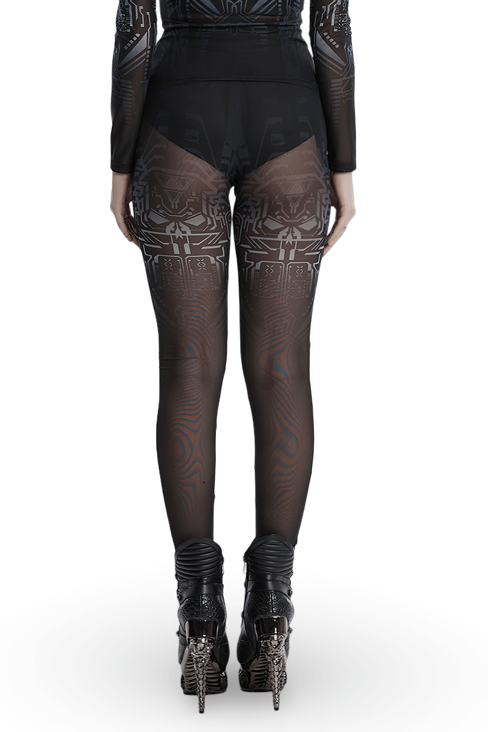 Cyberpunk skull mesh leggings with gradient print showcased from the back, featuring a sleek and edgy design.
