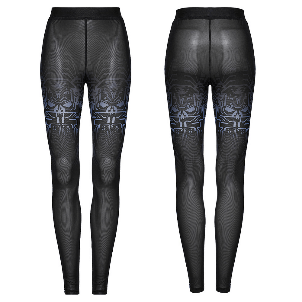 Cyberpunk Skull Mesh Leggings with futuristic gradient print, showcasing a sleek and edgy design for bold fashion enthusiasts.