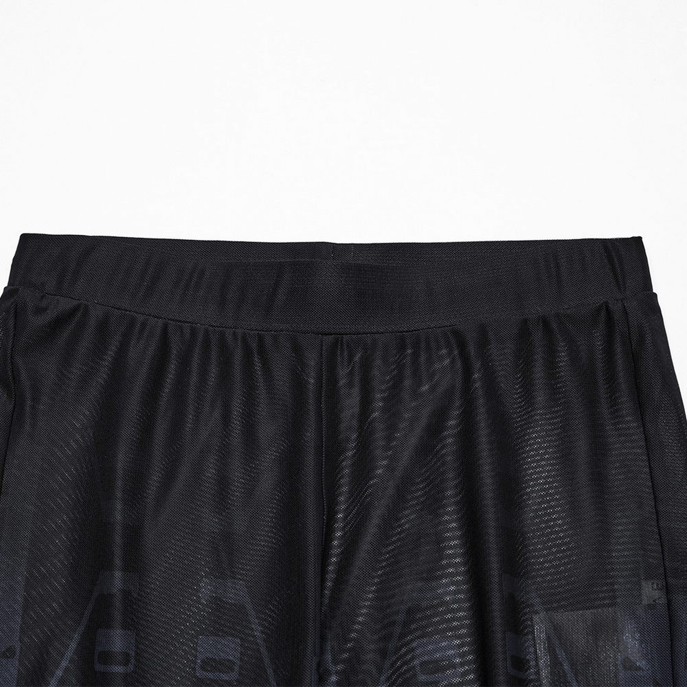 Close-up of Cyberpunk Skull Mesh Leggings waistband showcasing sleek, elastic design and futuristic texture.