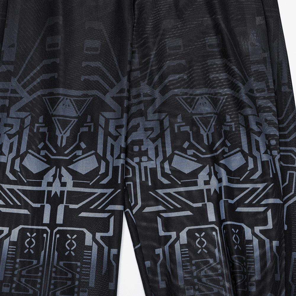 Cyberpunk skull mesh leggings with futuristic gradient print design showcasing mechanical patterns on fabric.