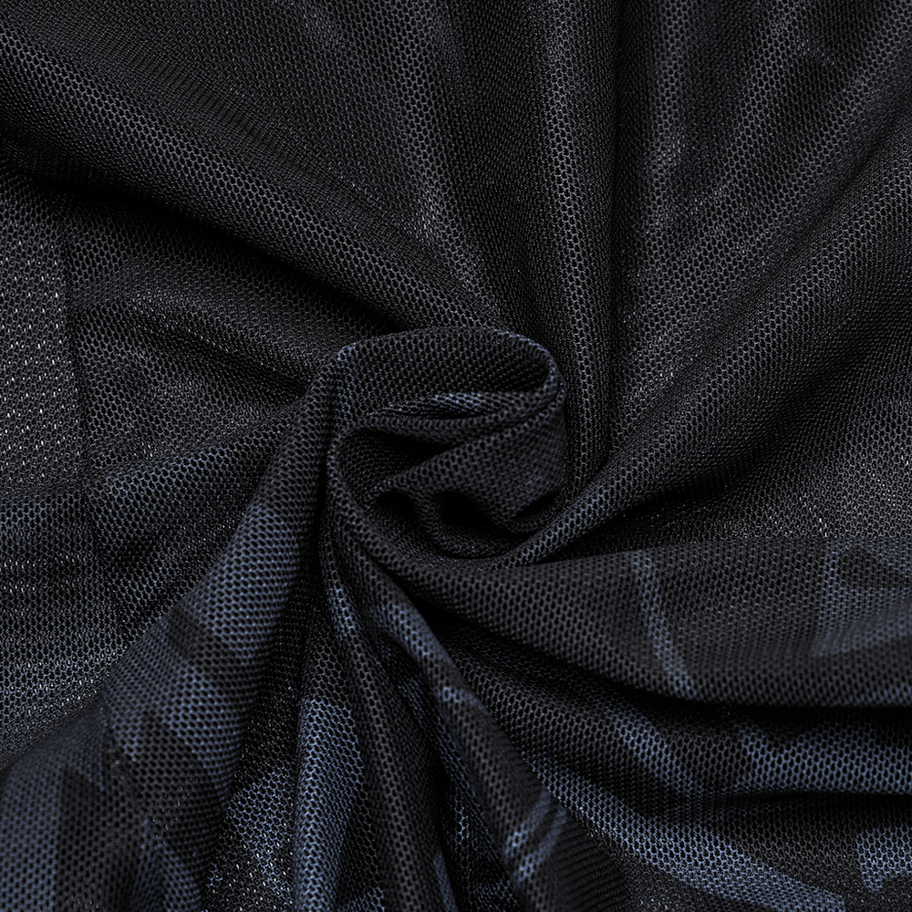 Close-up of soft, black mesh fabric showcasing gradient print for Cyberpunk Skull Leggings. Perfect for bold fashion outfits.
