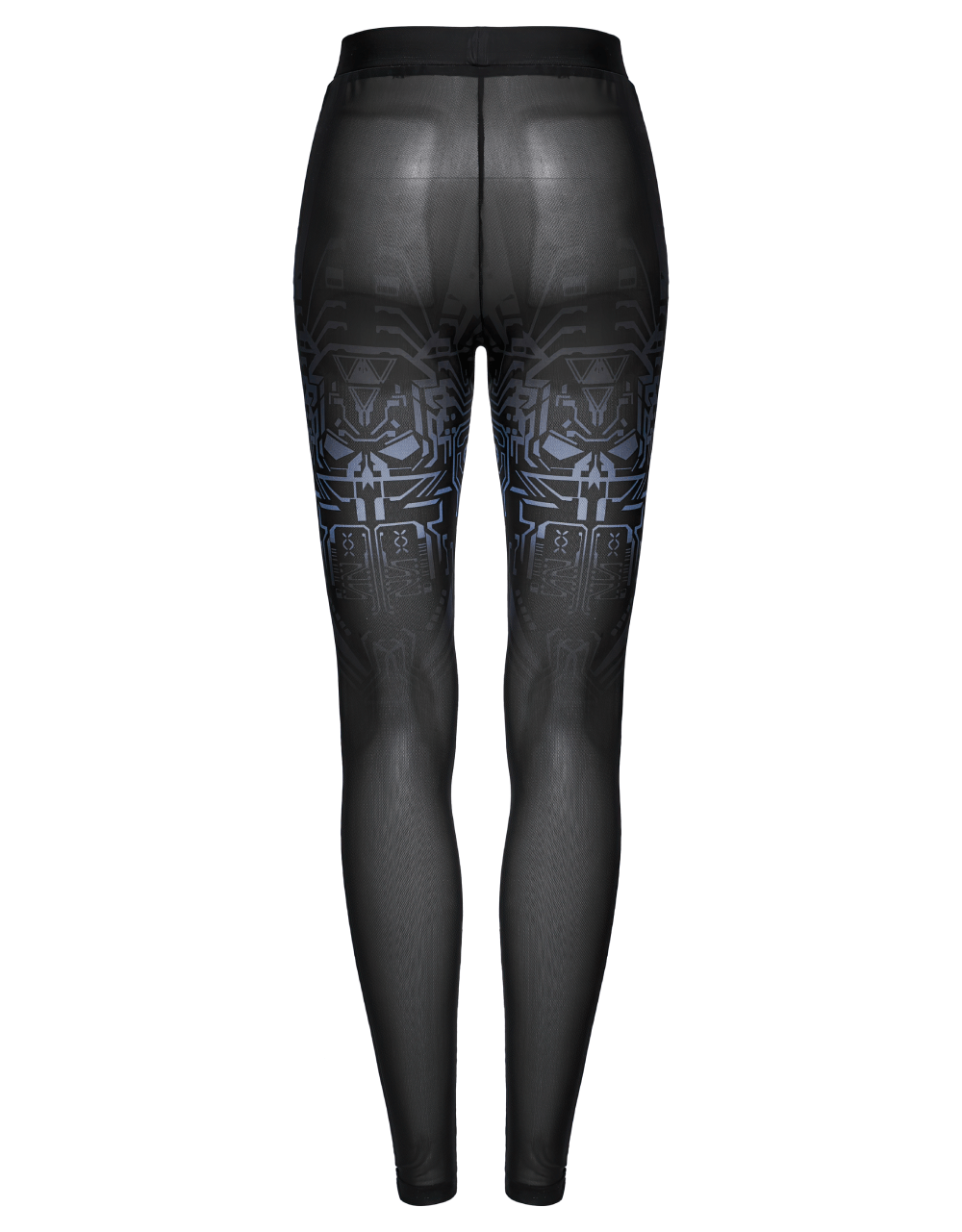 Cyberpunk Skull Mesh Leggings with gradient print, showcasing a sleek, slim fit and futuristic mechanical skull design.