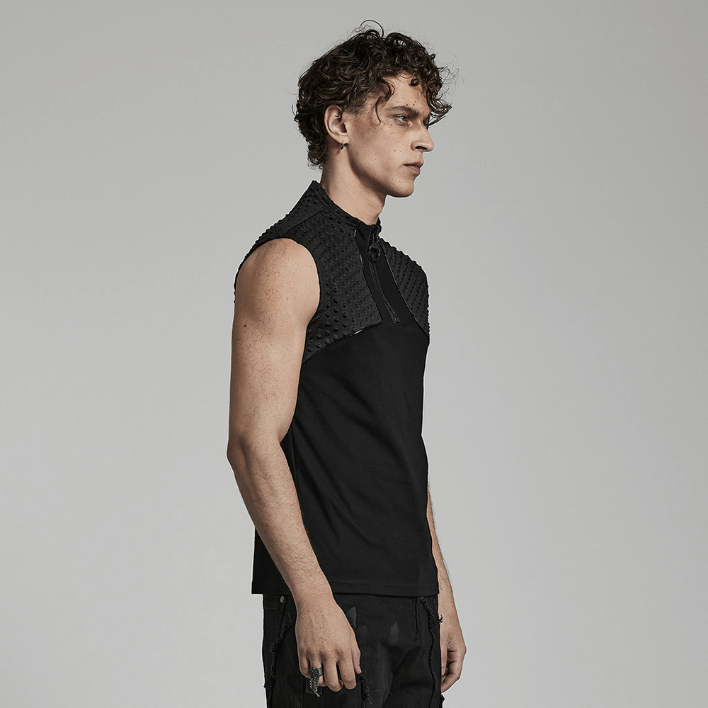 Side view of a man wearing a cyberpunk sleeveless top with textured fabric and chunky zipper, showcasing futuristic style.