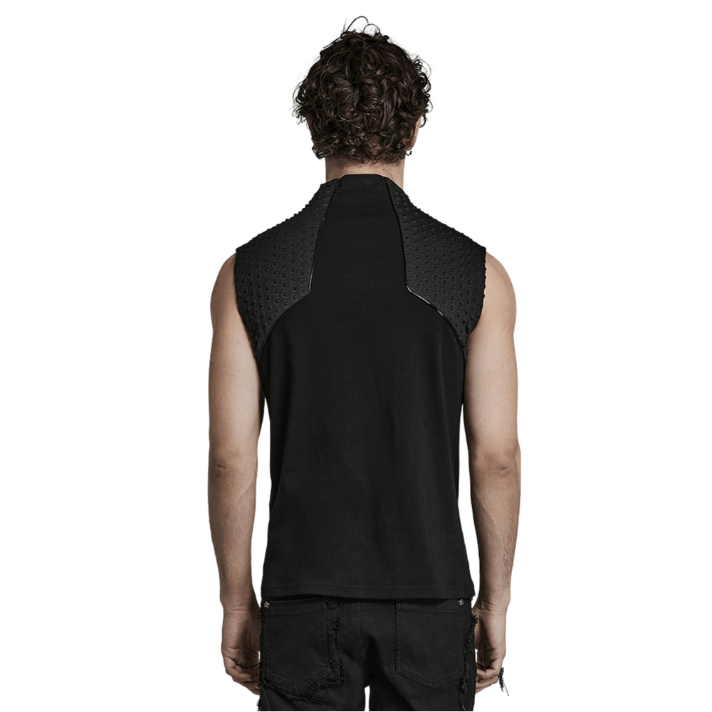 Back view of a Cyberpunk sleeveless top featuring 3D embossed fabric and wide shoulder design.