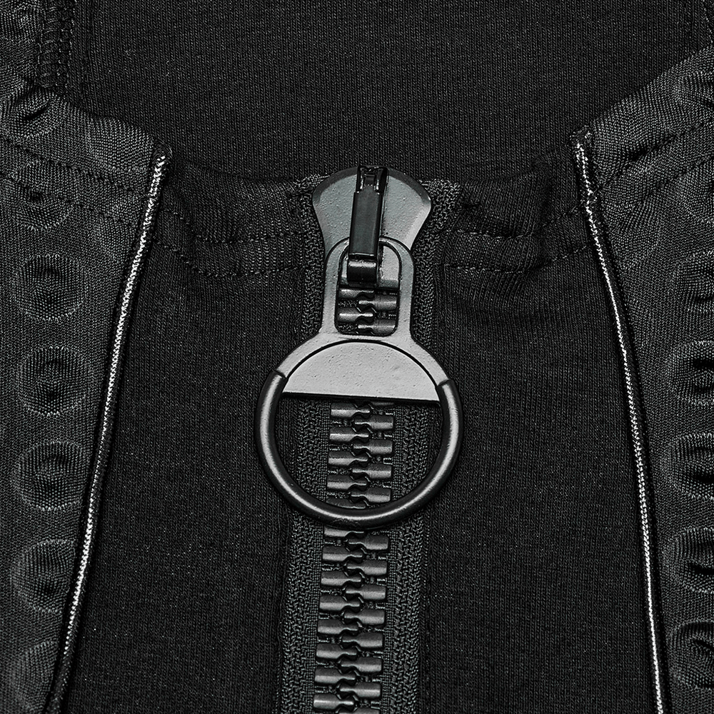 Close-up of a chunky zipper on a Cyberpunk sleeveless top, showcasing the unique textured fabric and bold design.