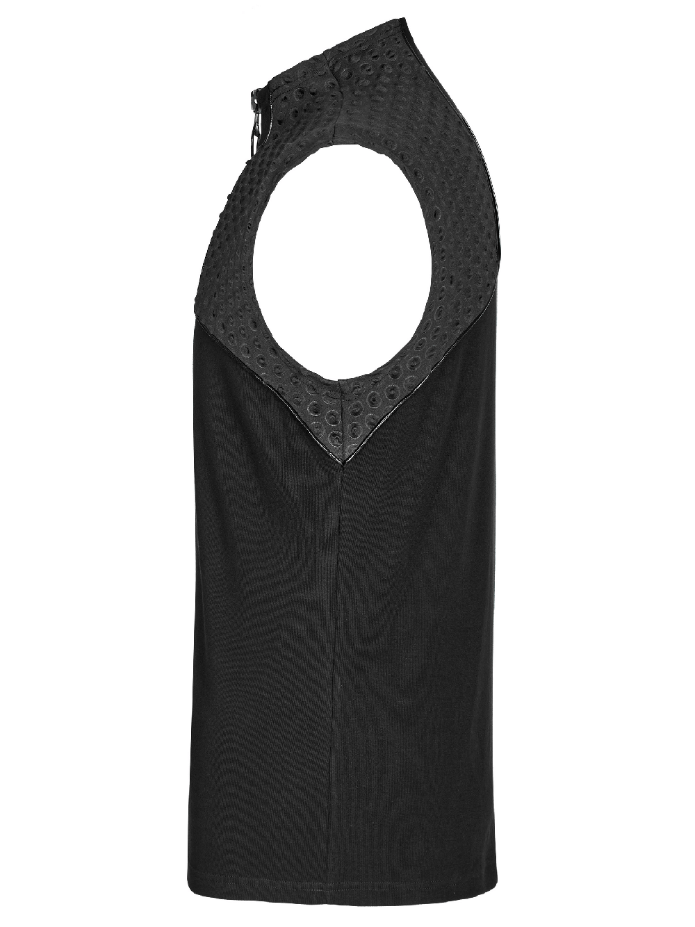 Side view of a Cyberpunk sleeveless top with textured fabric and chunky zipper, showcasing its unique design.