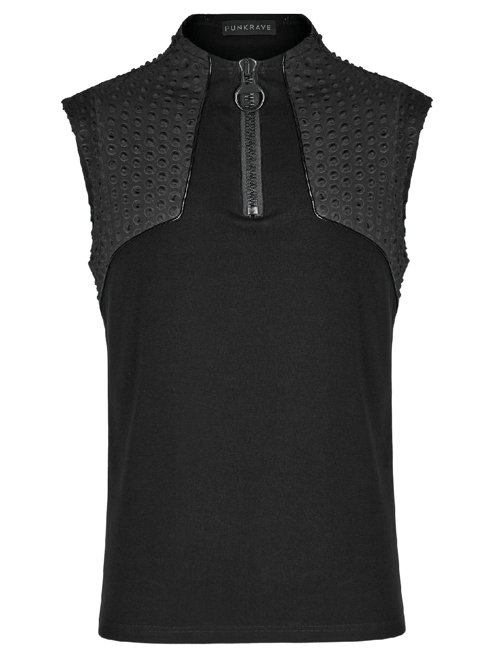 Cyberpunk sleeveless top with textured fabric and chunky zipper, perfect for a futuristic look.