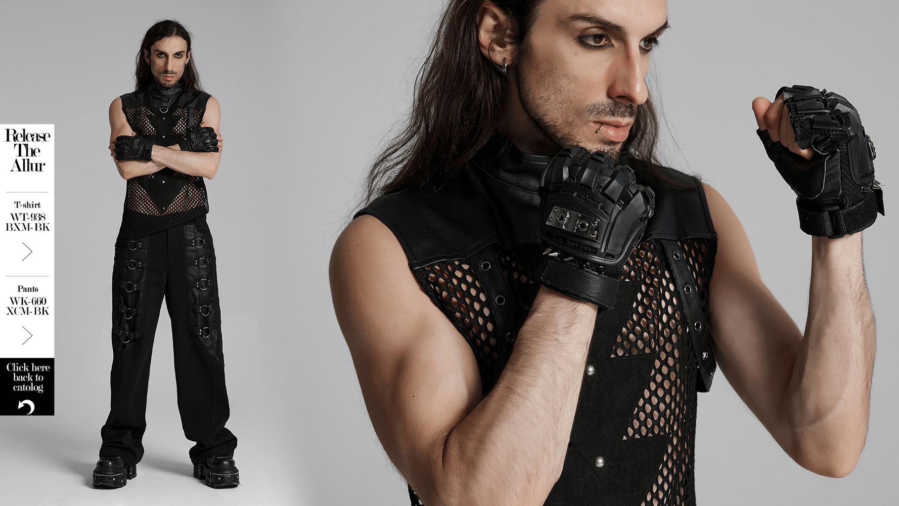 Person wearing cyberpunk spiked armored gloves with sheepskin palm and metal studs, posing in a fierce punk outfit.