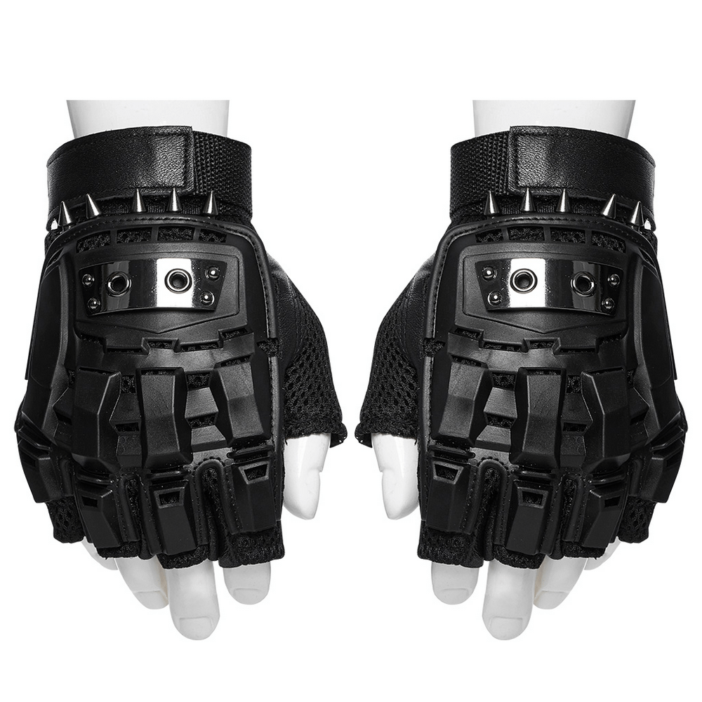 Cyberpunk spiked armored gloves with hard shell protection, metal studs, rugged design, breathable mesh, and sheepskin palm.