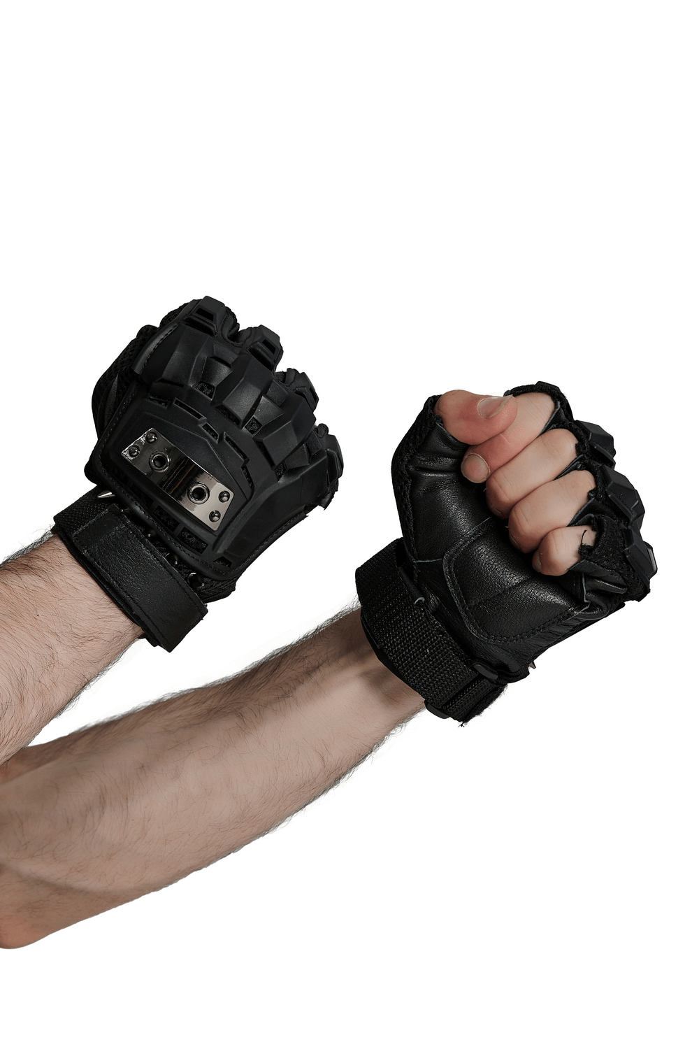 Cyberpunk spiked armored gloves with hard shell protection and metal studs, featuring adjustable Velcro wristbands.