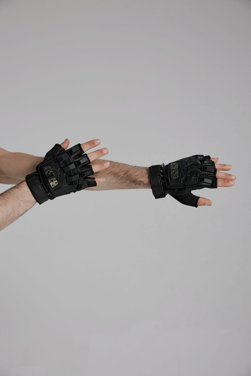 Cyberpunk spiked armored gloves with hard shell protection, featuring metal studs and sheepskin palm for tactical style and durability.