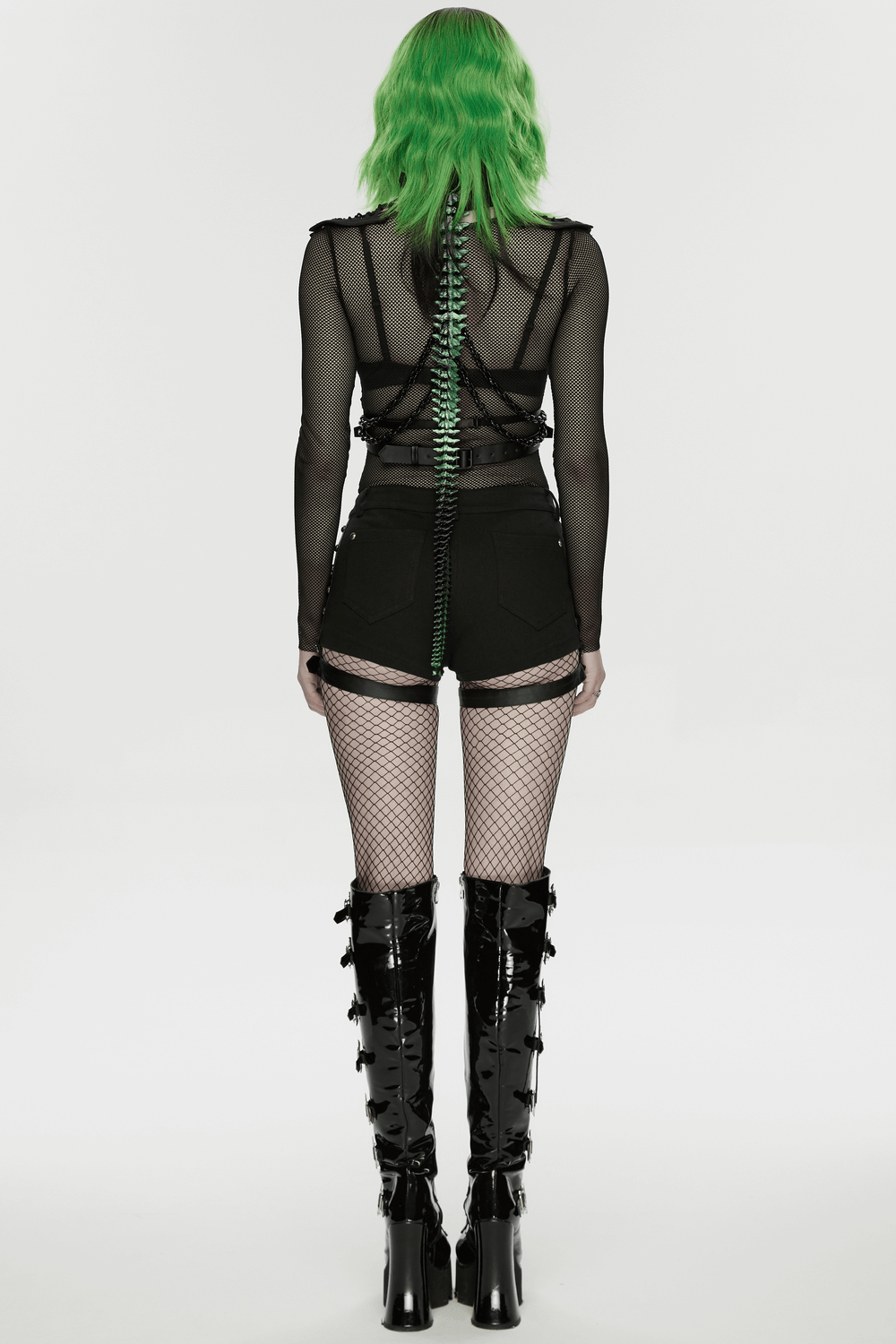 Cyberpunk Spine Tail Harness with Chains and Buckles showcasing a back view with a unique green spine detail.