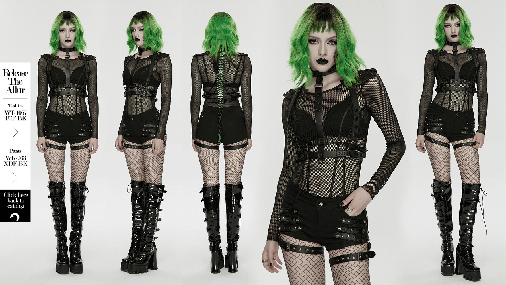 Cyberpunk Spine Tail Harness with Chains and Buckles model showcasing edgy style and unique design in green hair and fishnet.