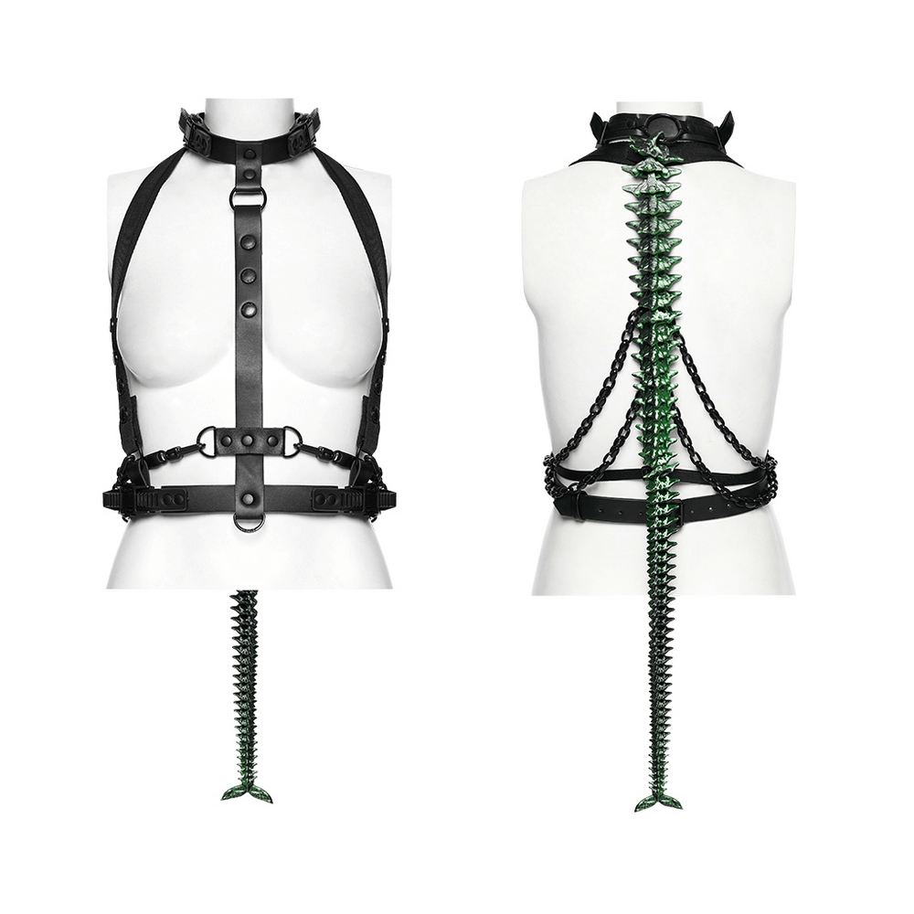 Cyberpunk Spine Tail Harness with Chains and Buckles showcasing a faux leather design with spine tail detailing.