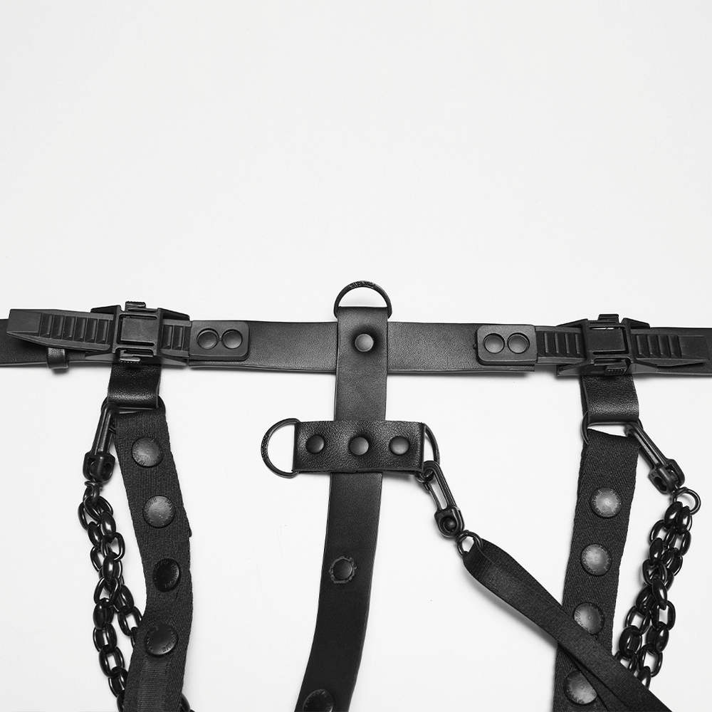 Cyberpunk Spine Tail Harness with Chains and Buckles featuring sleek black straps and rugged hardware details.